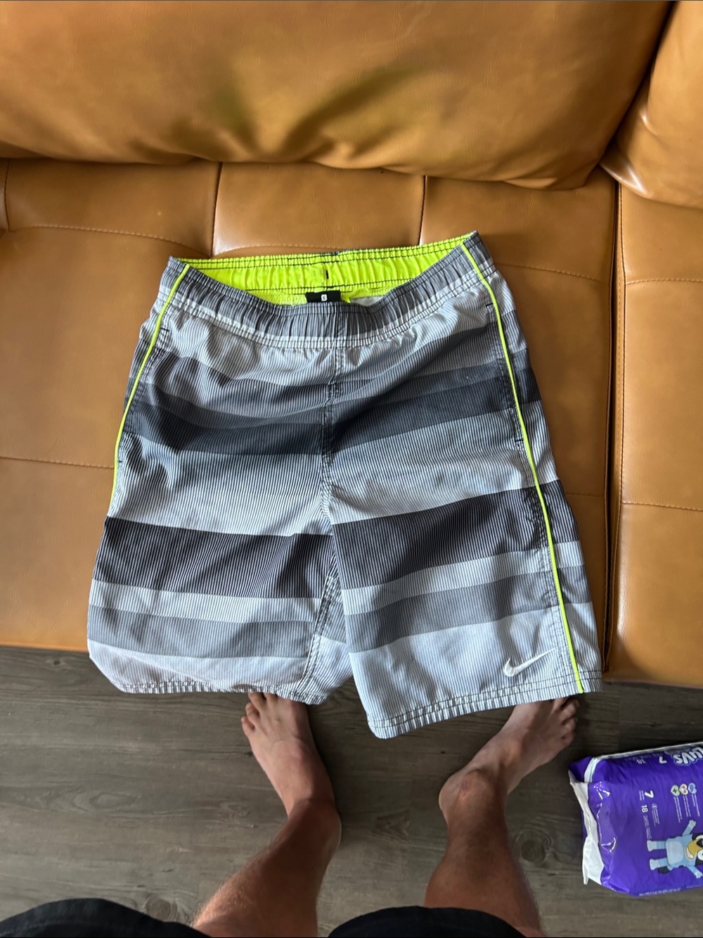Nike Men’s Gray Striped Swim Shorts with Neon Yellow Trim